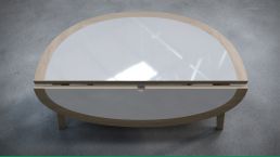 Moderner Klapptisch aus Eiche und HPL im aufgeklappten Zustand